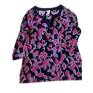 Chicos Travelers Floral Tunic Top Navy Purple Pink Split V-Neck Size 1 US 8/10